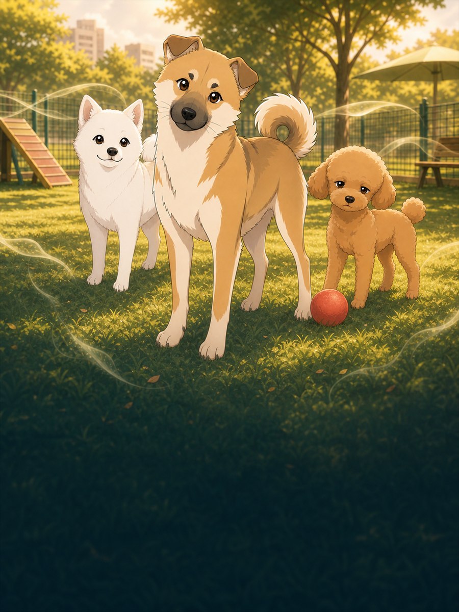 陽の光が差す公園に並んで立つ3匹の犬