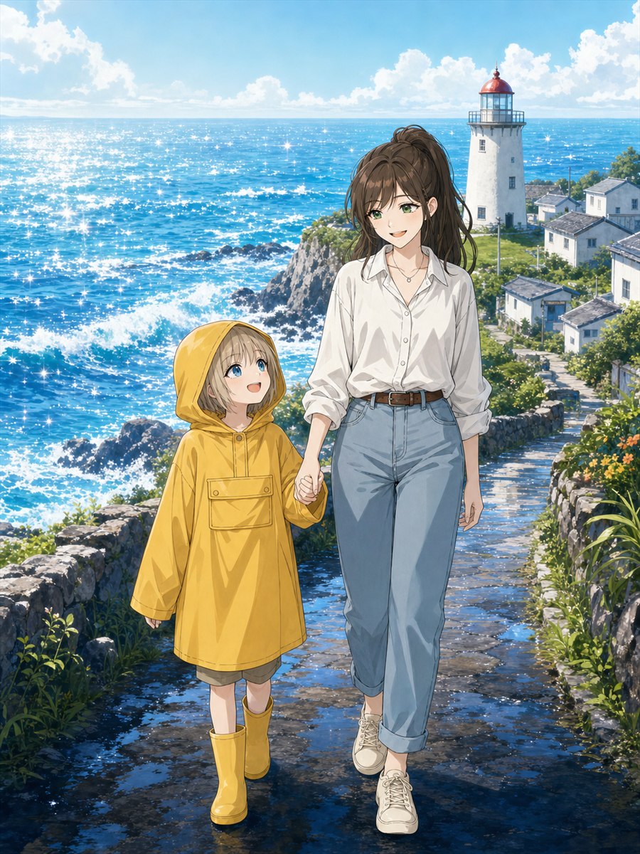 海と灯台を望む道を手をつないで歩く二人