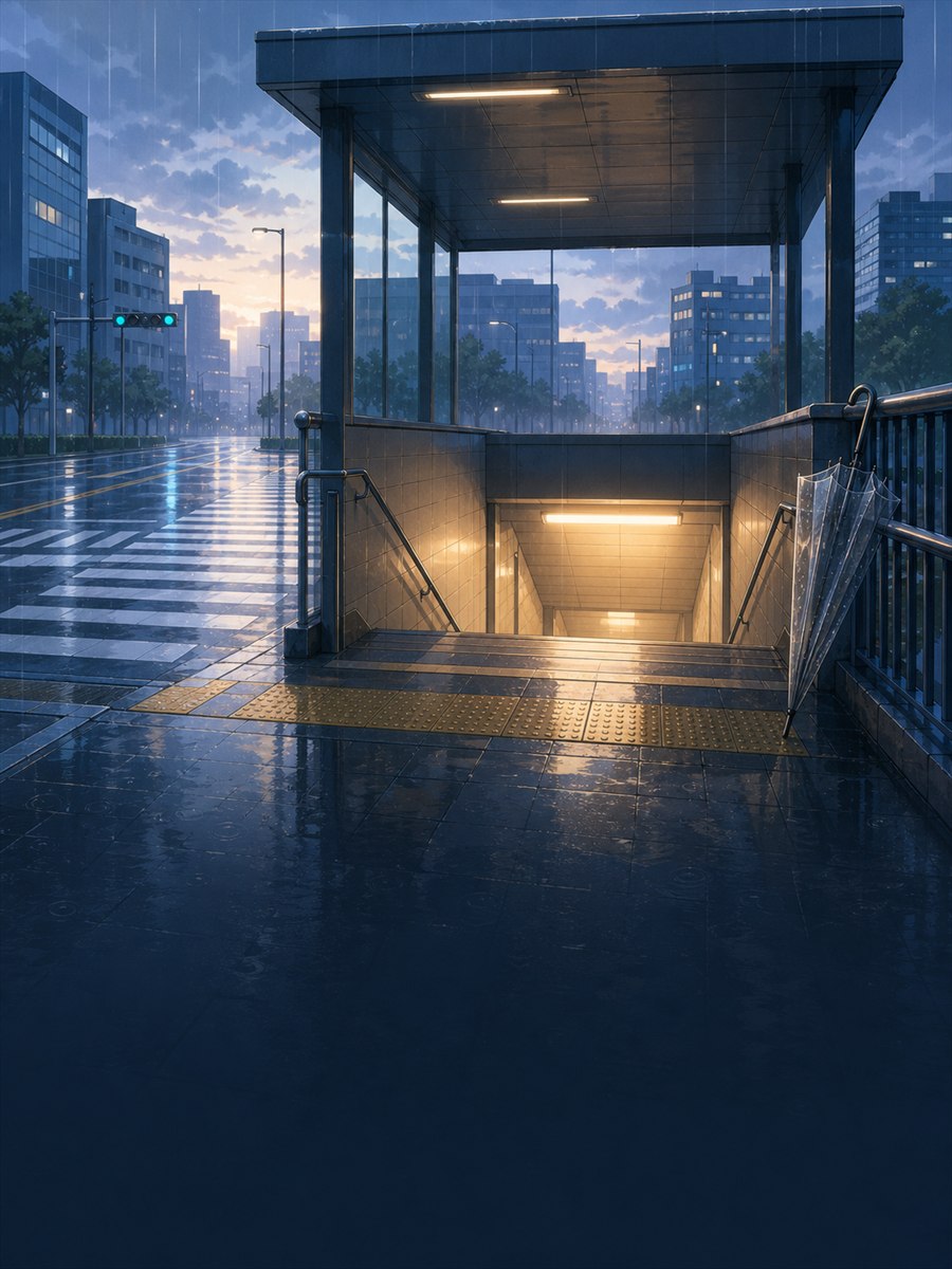 雨に濡れた街の地下通路の入口と道路